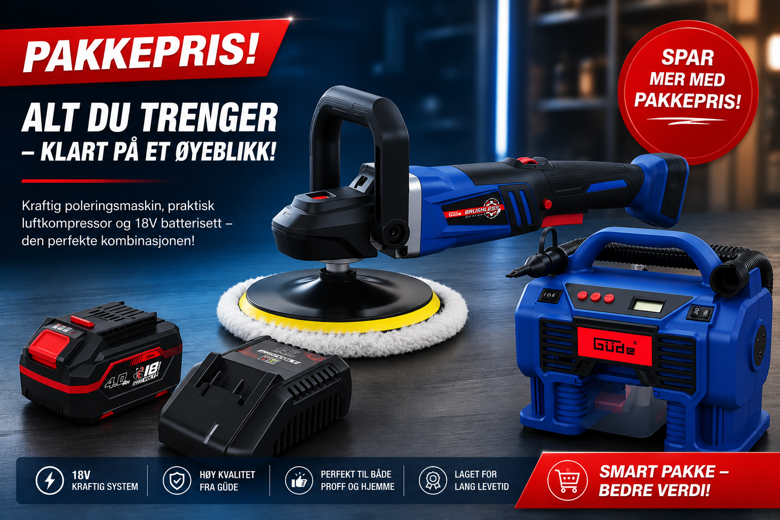 Güde 18V Bilpleiepakke - Kompressor + Poleringsmaskin + batteri