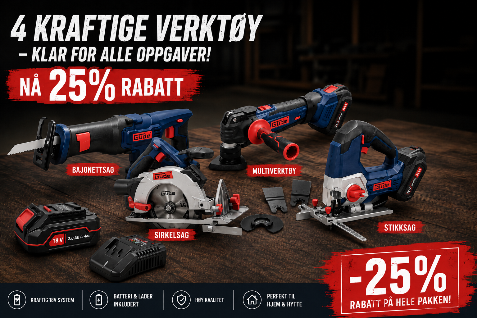 Güde 18V Sag-kombo - Stikksag + Sirkelsag + Bajonettsag + Feinsag + batteri