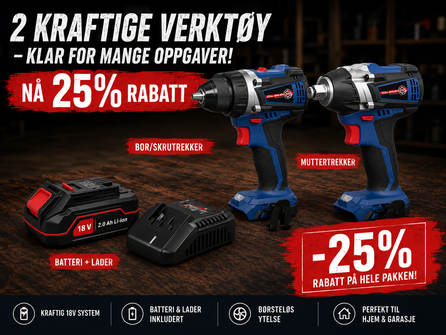 Güde 18V Proff-startpakke - Slagboremaskin + Muttertrekker + batteri